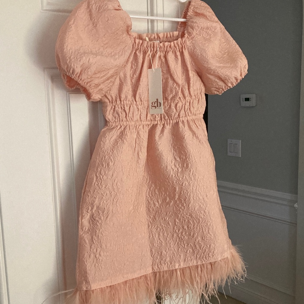 New w Tag: GB Girls Jacquard Puff Sleeve Dress with Feather Hemline. Size 6